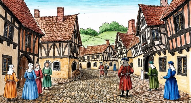 Medieval village with cobblestone streets and townspeople in period clothing hand drawing