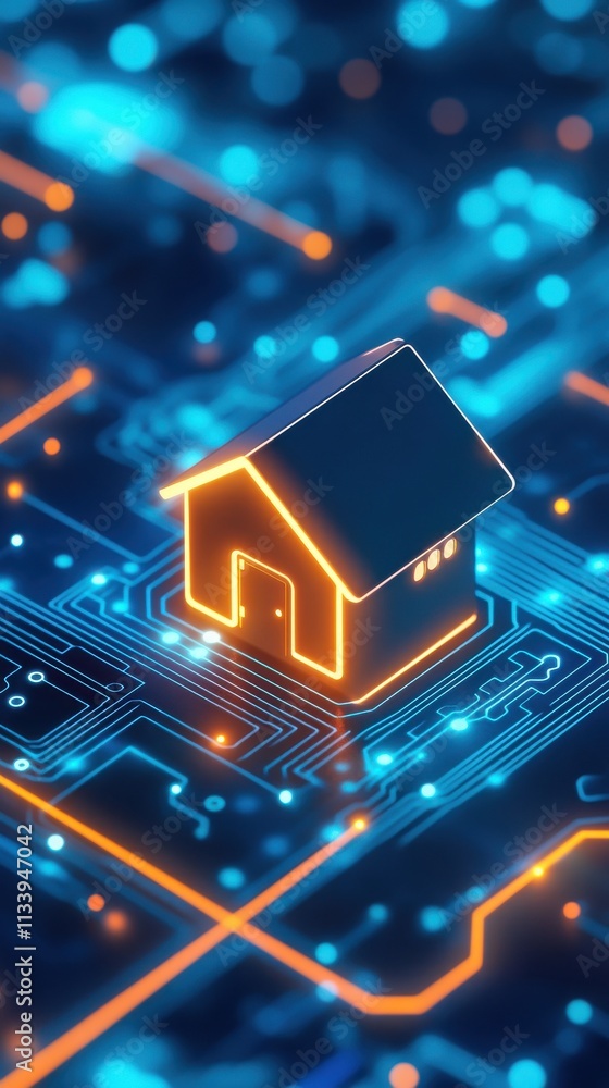 Aufkleber digital house icon representing modern real estate technology on a futuristic circuit board backgrou
