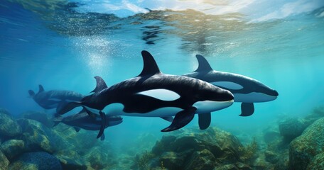 Obraz premium an orca whale swimming with her cubs in the ocean, photo realistic, high resolution