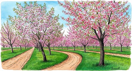 Obraz premium Pear blossoms adding beauty to a picturesque orchard during the early spring hand drawing