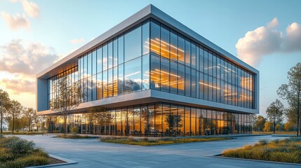 Obraz premium Modern glass office building at sunset.