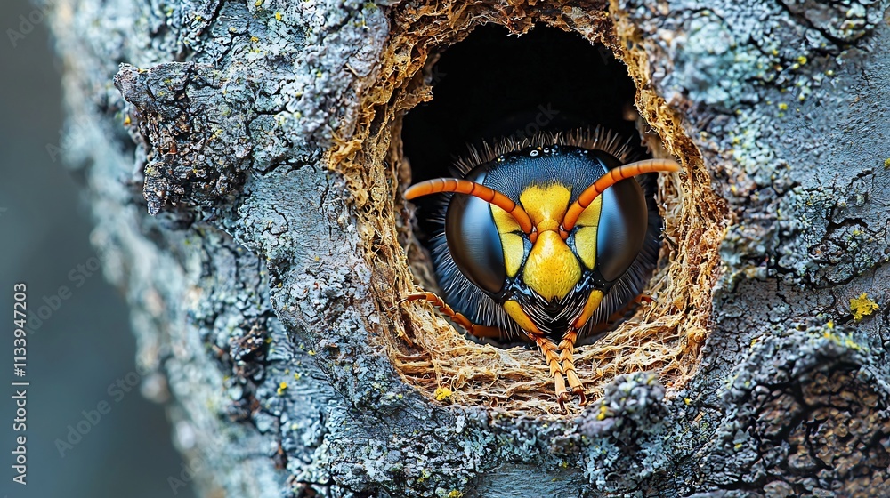 Poster wasp constructing its nest in a tree with blurred natural backdrop