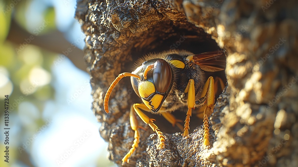 Poster wasp constructing its intricate nest in a tree against a blurred natural backdrop