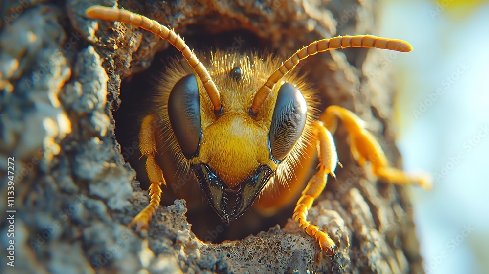 Poster wasp building its nest on tree trunk blurred natural background symbolizing construction and defense