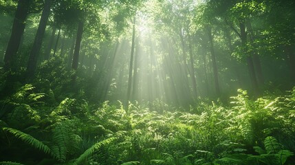 Obraz premium Sunbeams illuminate a path through a misty forest, dappling the bluebells with light.