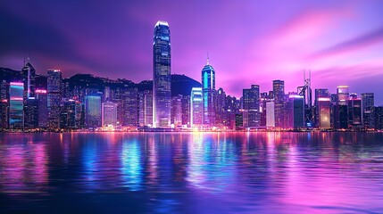 Obraz premium Colorful Cityscape at Night with Skyscrapers and Neon Lights