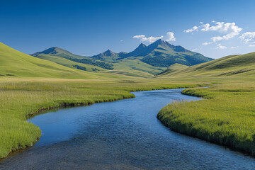 Breathtaking river flowing through green plains and mountains under a clear blue sky in summer