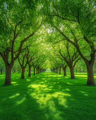 Obraz premium Lush green tree-lined path under bright sunlight in a serene park setting