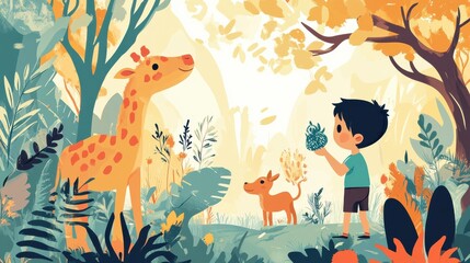 Obraz premium Child with Giraffe in Colorful Autumn Forest Scene