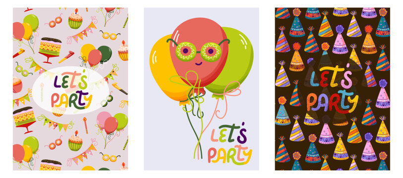 Lets Party colorful collection of cards themed designs featuring balloons, cakes, party hats, and playful decorations. For event invitations, card, poster, party decor, festive content
