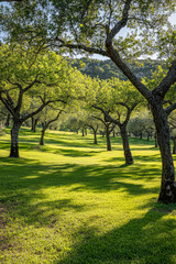 Naklejka premium Lush green landscape with trees casting shadows in a serene outdoor setting
