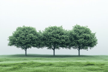 Fototapeta premium Lush green trees stand in a misty field during early morning light