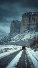 Red car driving on snowy road surrounded by mountains on a cloudy winter day