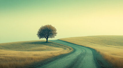 Solitary tree along winding road in tranquil landscape at dawn