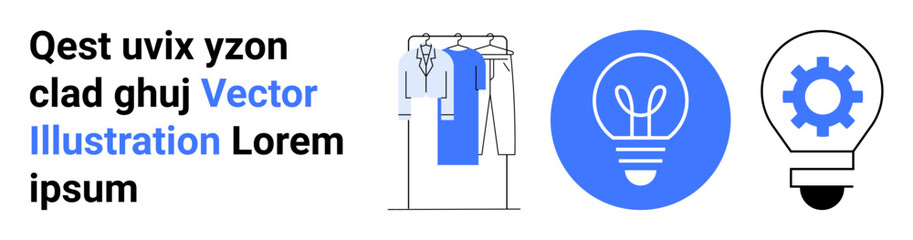 Clothing rack with garments, light bulb icon, and gear icon. Ideal for fashion industry, innovation, creativity, design, technology ideas inspiration. Landing page