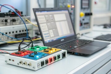 Fototapeta premium Laptop connected to electronic circuit board in laboratory setting.