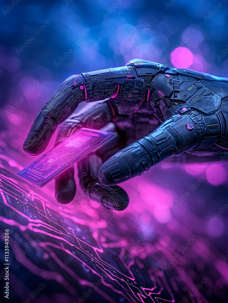 Poster futuristic robotic hand manipulating data chip cyberpunk setting digital art neon environment close-