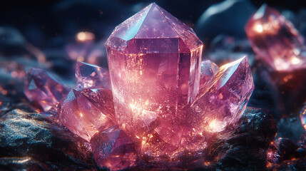 stunning abstract 3D texture with a blue-pink crystal glass background. The faceted design creates a gradient effect, symbolizing chaos and transformation, captured in a macro panoramic style