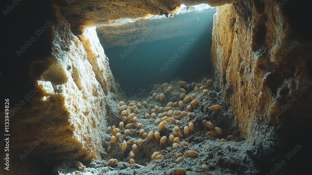 Poster an underwater view of a sunlit space filled with small, orange objects resting on sediment.