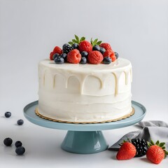 A cake with berries on top of it and a white cake stand with raspberries on it