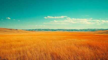 Fototapeta premium Vibrant golden grasslands under a clear blue sky in a serene landscape