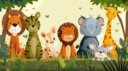 animals book cover cartoon style, thick lines, low detail, no shadows, no shading