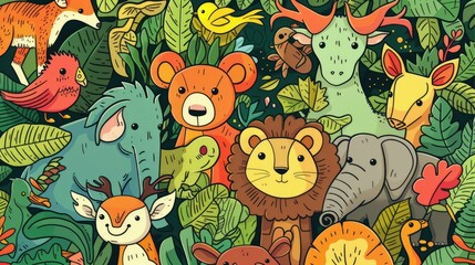 animals book cover cartoon style, thick lines, low detail, no shadows, no shading