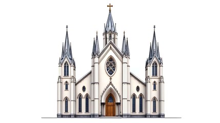 Obraz premium Beautiful Gothic-Style Church with Tall Spires and Intricate Architecture, Featuring a Rose Window and Elegant Wooden Door in a Captivating Urban Landscape