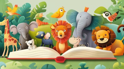 animals book cover cartoon style, thick lines, low detail, no shadows, no shading