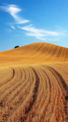 Obraz premium Golden wheat fields under a bright blue sky with delicate clouds in the background