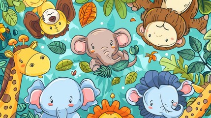 animals book cover cartoon style, thick lines, low detail, no shadows, no shading