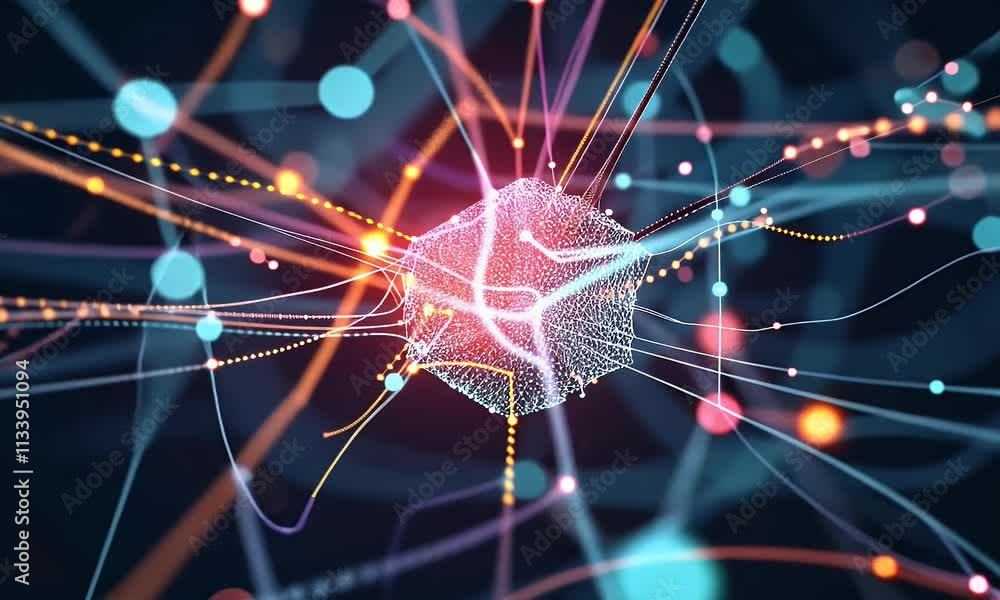 Poster Abstract technology background of a quantum computing system with processor and electronic circuit. Artificial neurons, global data connections