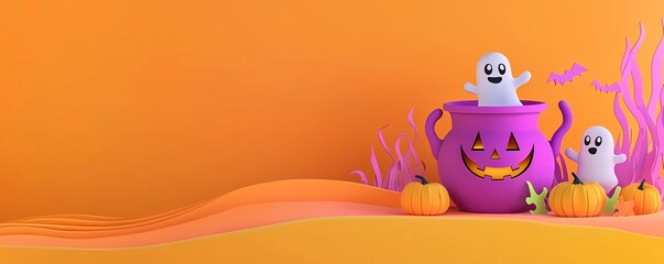 Fototapeta premium Cute ghosts emerging from a purple Halloween cauldron with pumpkins, bats, and vibrant orange and pink decorations
