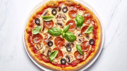 A delicious pizza topped with pepperoni, mushrooms, olives, and fresh basil.