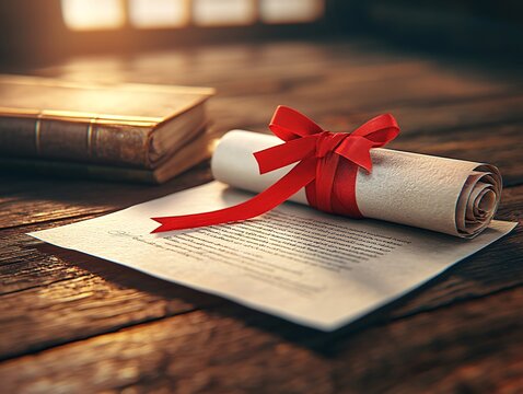 Certificate of achievement on desk cozy room document wooden environment close-up view academic recognition