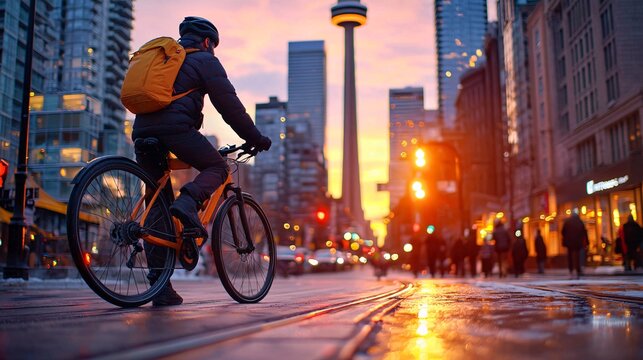 Cycling at sunset downtown toronto urban lifestyle cityscape action shot adventure and freedom