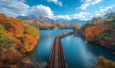 Scenic view of a winding railway bridge over a serene lake surrounded by autumn foliage.