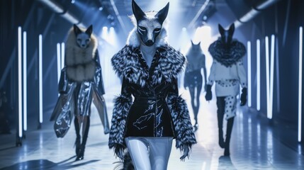 Naklejka premium Fashion Runway, Full Body, Fox Clothes, Anthropomorphic, High-End Design style, Cold and Beautiful
