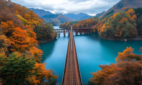 A scenic view of a railway bridge surrounded by vibrant autumn foliage and a tranquil lake. - Powered by Adobe