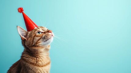 Adorable ginger cat wearing a red party hat, gazing upward against a plain blue background, perfect for birthday or celebration themes