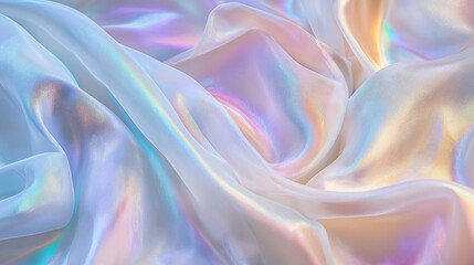 Obraz premium Holographic Iridescent Background with Rainbow Pastel Colors, Creamy Texture and Flowing Fabric Effect with Subtle Light Reflections for Ethereal Wallpapers, Creative Designs, and Unique Visual Projec