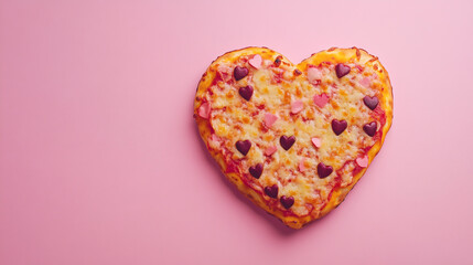 Fototapeta premium Heart-shaped pizza topped with festive Valentine's Day decorations on pink background