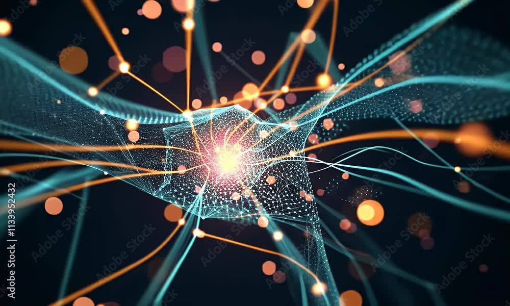 Poster Abstract technology background of a quantum computing system with processor and electronic circuit. Artificial neurons, global data connections