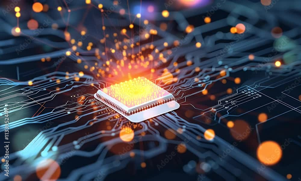 Poster Abstract technology background of a quantum computing system with processor and electronic circuit. Artificial neurons, global data connections