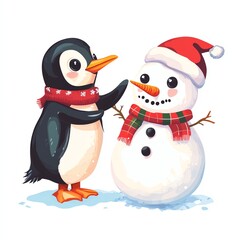 Fototapeta premium A cute penguin interacts playfully with a snowman wearing a festive hat and scarf.