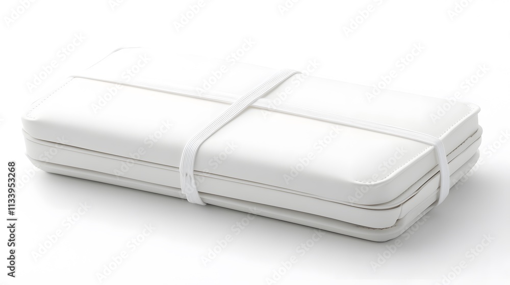 Poster white rectangular stackable containers secured with rubber bands, isolated on white background.