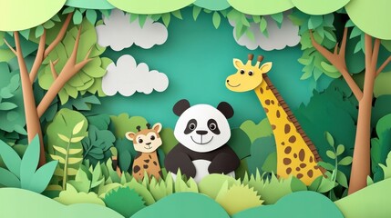 Naklejka premium Adorable Papercraft Animals in Lush Green Forest Setting: Panda, Giraffe, and Cheetah in a Vibrant Jungle Habitat