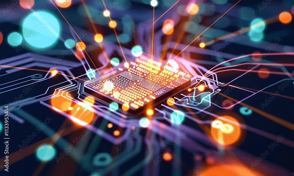 Poster Abstract technology background of a quantum computing system with processor and electronic circuit. Artificial neurons, global data connections