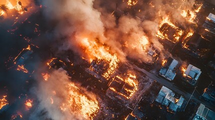 Fototapeta premium Aerial View Of A Neighborhood Engulfed In Flames