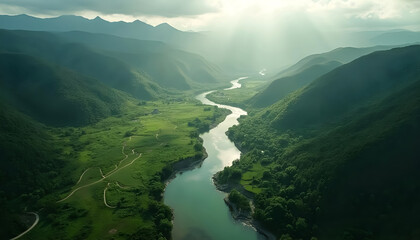 Drone View of Winding River in Green Valley
